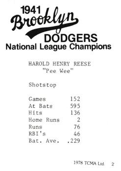 1978 TCMA 1941 Brooklyn Dodgers #2 Pee Wee Reese Back