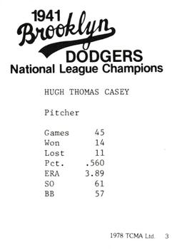 1978 TCMA 1941 Brooklyn Dodgers #3 Hugh Casey Back
