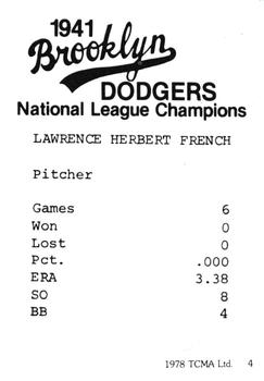 1978 TCMA 1941 Brooklyn Dodgers #4 Larry French Back
