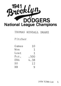1978 TCMA 1941 Brooklyn Dodgers #5 Tom Drake Back