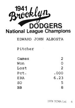 1978 TCMA 1941 Brooklyn Dodgers #6 Ed Albosta Back