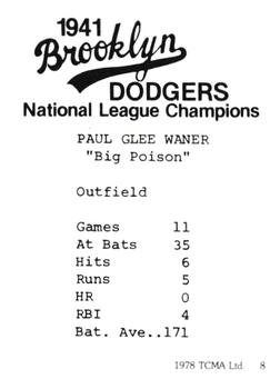 1978 TCMA 1941 Brooklyn Dodgers #8 Paul Waner Back
