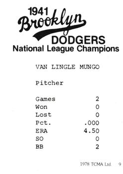 1978 TCMA 1941 Brooklyn Dodgers #9 Van Mungo Back