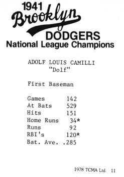 1978 TCMA 1941 Brooklyn Dodgers #11 Dolph Camilli Back