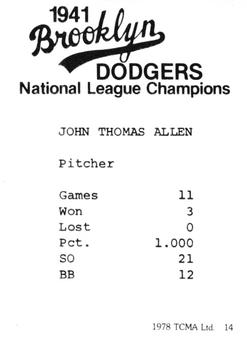 1978 TCMA 1941 Brooklyn Dodgers #14 Johnny Allen Back