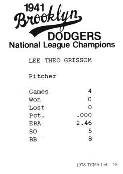 1978 TCMA 1941 Brooklyn Dodgers #15 Lee Grissom Back