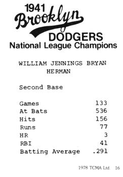 1978 TCMA 1941 Brooklyn Dodgers #16 Billy Herman Back