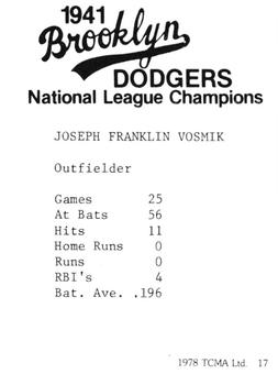 1978 TCMA 1941 Brooklyn Dodgers #17 Joe Vosmik Back