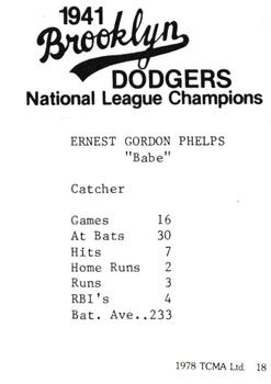 1978 TCMA 1941 Brooklyn Dodgers #18 Babe Phelps Back