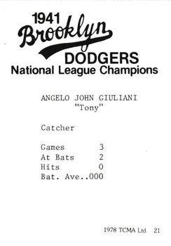 1978 TCMA 1941 Brooklyn Dodgers #21 Angelo Giuliani Back
