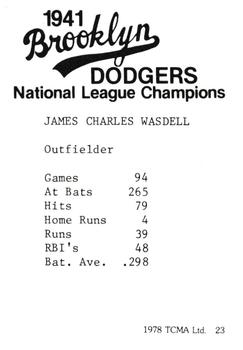 1978 TCMA 1941 Brooklyn Dodgers #23 Jimmy Wasdell Back