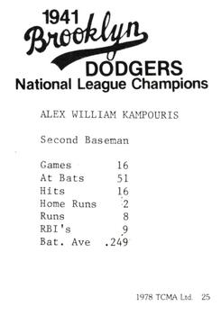 1978 TCMA 1941 Brooklyn Dodgers #25 Alex Kampouris Back