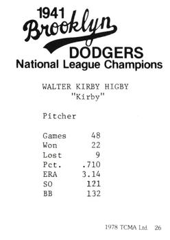 1978 TCMA 1941 Brooklyn Dodgers #26 Kirby Higbe Back