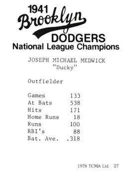 1978 TCMA 1941 Brooklyn Dodgers #27 Ducky Medwick Back