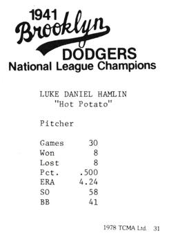 1978 TCMA 1941 Brooklyn Dodgers #31 Luke Hamlin Back