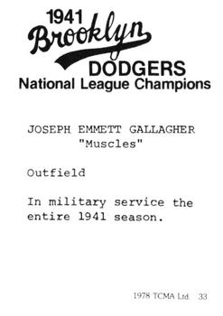 1978 TCMA 1941 Brooklyn Dodgers #33 Joe Gallagher Back