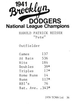 1978 TCMA 1941 Brooklyn Dodgers #36 Pete Reiser Back