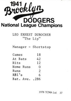 1978 TCMA 1941 Brooklyn Dodgers #37 Leo Durocher Back
