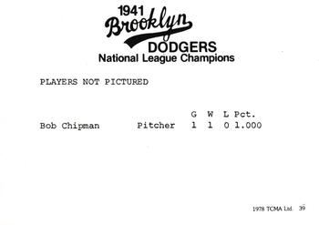1978 TCMA 1941 Brooklyn Dodgers #39 Dixie Walker / Joe Medwick / Dolph Camilli / Pete Reiser Back