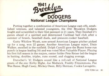 1978 TCMA 1941 Brooklyn Dodgers #40 Joe Medwick / Billy Herman / Pee Wee Reese / Pete Reiser / Mickey Owen / Whit Wyatt Back