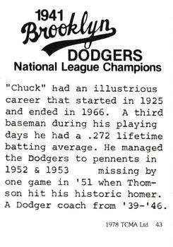 1978 TCMA 1941 Brooklyn Dodgers #43 Chuck Dressen Back