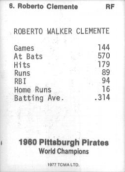 1977 TCMA Pittsburgh Pirates 1960 World Champions #6 Roberto Clemente Back