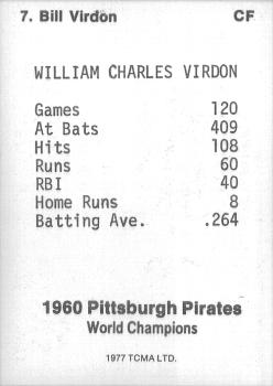 1977 TCMA Pittsburgh Pirates 1960 World Champions #7 Bill Virdon Back