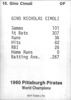 1977 TCMA Pittsburgh Pirates 1960 World Champions #10 Gino Cimoli Back