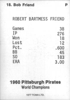 1977 TCMA Pittsburgh Pirates 1960 World Champions #18 Bob Friend Back