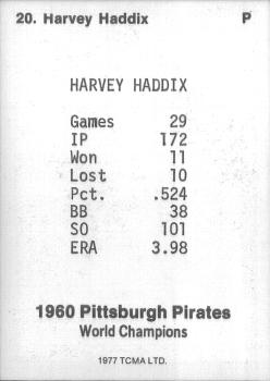 1977 TCMA Pittsburgh Pirates 1960 World Champions #20 Harvey Haddix Back