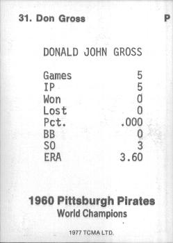 1977 TCMA Pittsburgh Pirates 1960 World Champions #31 Don Gross Back