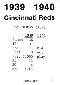 1977 TCMA 1939-40 Cincinnati Reds #13 Peaches Davis Back