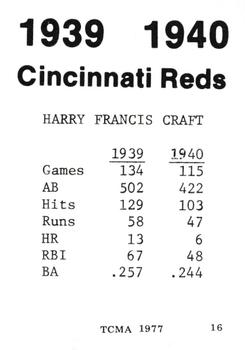 1977 TCMA 1939-40 Cincinnati Reds #16 Harry Craft Back