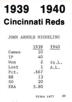1977 TCMA 1939-40 Cincinnati Reds #30 Johnny Niggeling Back