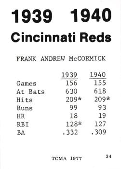 1977 TCMA 1939-40 Cincinnati Reds #34 Frank McCormick Back