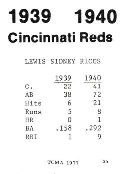 1977 TCMA 1939-40 Cincinnati Reds #35 Lew Riggs Back