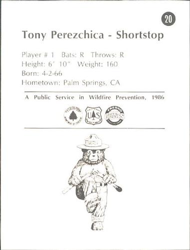 1986 Fresno Giants Smokey #20 Tony Perezchica Back