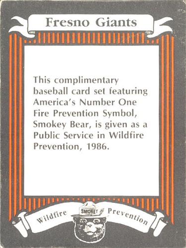 1986 Fresno Giants Smokey #32 Header Card Front
