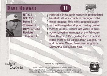 2002 MultiAd Hudson Valley Renegades #1 Dave Howard Back