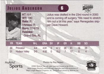 2002 MultiAd Hudson Valley Renegades #5 Julius Anderson Back