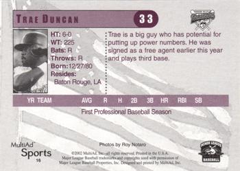 2002 MultiAd Hudson Valley Renegades #16 Trae Duncan Back