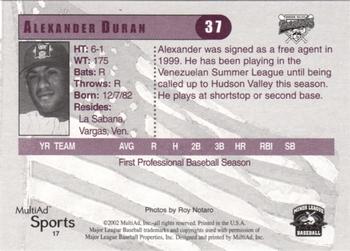 2002 MultiAd Hudson Valley Renegades #17 Alexander Duran Back