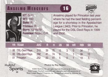 2002 MultiAd Hudson Valley Renegades #22 Anselmo Mercedes Back