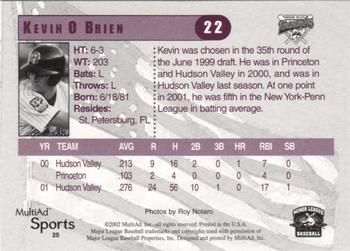2002 MultiAd Hudson Valley Renegades #25 Kevin O'Brien Back