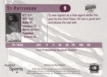 2002 MultiAd Hudson Valley Renegades #26 Ty Patterson Back