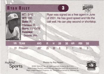 2002 MultiAd Hudson Valley Renegades #29 Ryan Riley Back