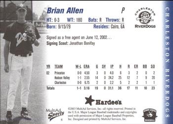 2003 MultiAd Charleston RiverDogs #6 Brian Allen Back