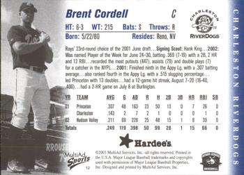 2003 MultiAd Charleston RiverDogs #12 Brent Cordell Back