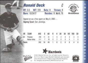 2003 MultiAd Charleston RiverDogs #17 Ronald Deck Back