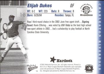 2003 MultiAd Charleston RiverDogs #19 Elijah Dukes Back